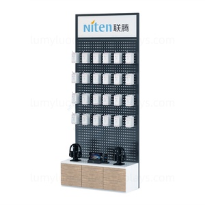 Support d'affichage en métal avec panneaux perforés et tiroirs en bois pour écouteurs et accessoires de téléphone, présentoir de vente au détail suspendu avec crochets - Product Image 6