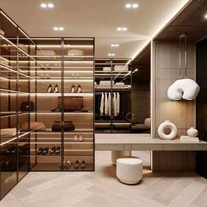 <span class=keywords><strong>Dressing</strong></span> sur mesure de luxe moderne avec portes vitrées à charnières, éclairage LED, rangement intégré pour chaussures, coiffeuse et armoire écologique - Product Image 4