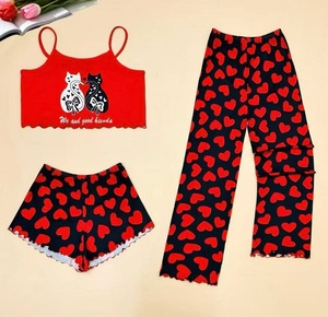 <span class=keywords><strong>Sexy</strong></span> dames driedelige mouwloze pyjama's, zomerse casual <span class=keywords><strong>cartoon</strong></span> slaapkleertjes, vest, shorts, broek, 3-in-1 loungewear - Product Image 1