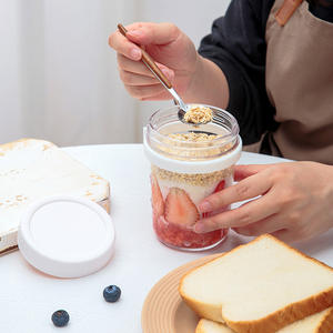 Gobelet en verre hermétique avec couvercle et cuillère, idéal pour petit-déjeuner, lait, salade, yaourt, portable - Product Image 2