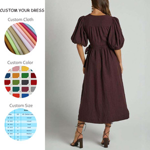 Robes décontractées mi-longues en <span class=keywords><strong>lin</strong></span> pur à 100 % pour femmes, couleur prune foncé, col en V, manches bouffantes courtes, style ample et bon marché, avec ceinture et poches - Product Image 2