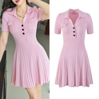 2025 femmes décontracté Mini robe trapèze printemps été Collection simple boutonnage col rabattu manches courtes vif solide tricot