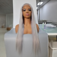 Peluca de Cabello Humano Brasileño Virgen Liso Largo Gris Ceniza con Reflejos, Sin Pegamento, 13x4 HD, para Gorras Pequeñas, Uso Diario