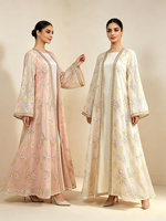 Abaya élégante en polyester à sequins et dentelle florale perlée à la main, ensemble deux pièces ouvert sur le devant avec bordure dorée, Kaftan musulman pour l'Aïd, le Ramadan et l'automne