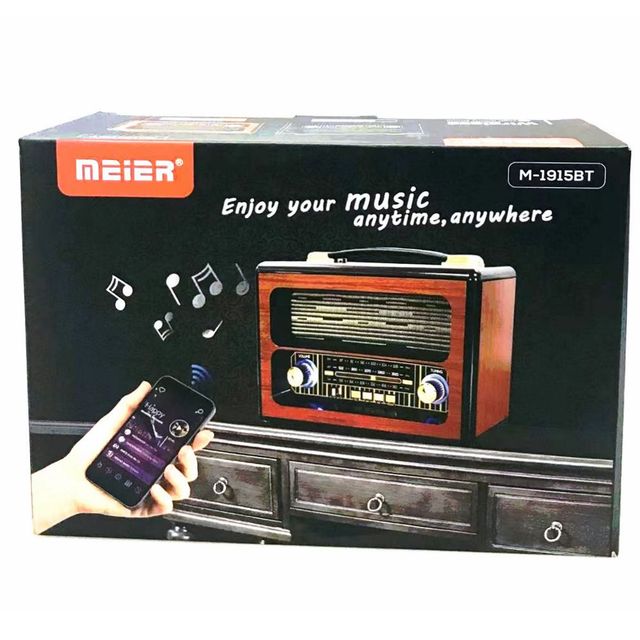 Vintage Retro Radio MEIER M-1915BT with WIRELESS BT, USB/TF MP3 Player, FM/AM/SW, 18650 Battery, AC Charger, Dual Voltage