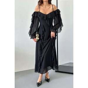 Robe de soirée en mousseline de soie noire à volants en gros - Product Image 2