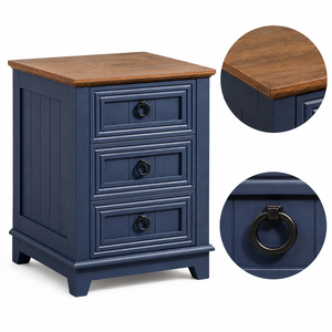 Farmhouse Solid Wood Nightstand with 3 Drawers <strong>Rustic</strong> Country Style <strong>Bedside</strong> <strong>Table</strong> with Wood Top and Ring Pull Handles Bedroom - Product Image 4