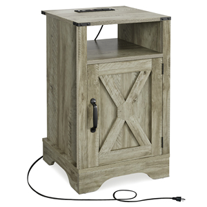 Farmhouse Nightstand Side <b>Table</b> Wooden Rustic End <b>Table</b> <b>Tall</b> Bedside With Electrical Outlets Charging Station Light - Product Image 3