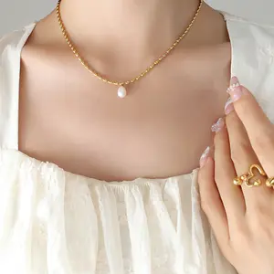 Thiết Kế 18K Mạ Vàng Hạt Gạo Choker Vòng Cổ Cho Phụ Nữ Thanh Tnhã Bất Nước Ngọt Ngọc Trai Mặt Dây Chuyền Vòng Cổ