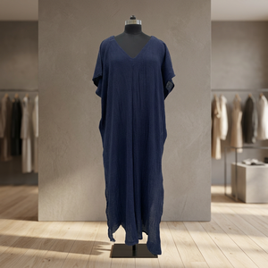 Women's Navy Blue <b>Linen</b> V-Neck Loose Maxi <b>Dress</b> Cap Sleeve Asymmetrical Hem Boho <b>Summer</b> Casual Wear - Product Image 3