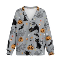 Cardigan long classique en maille respirante 100 % polyester pour femme, imprimé chat noir, citrouille, chauve-souris, toile d'araignée, col en V, collection automne Halloween