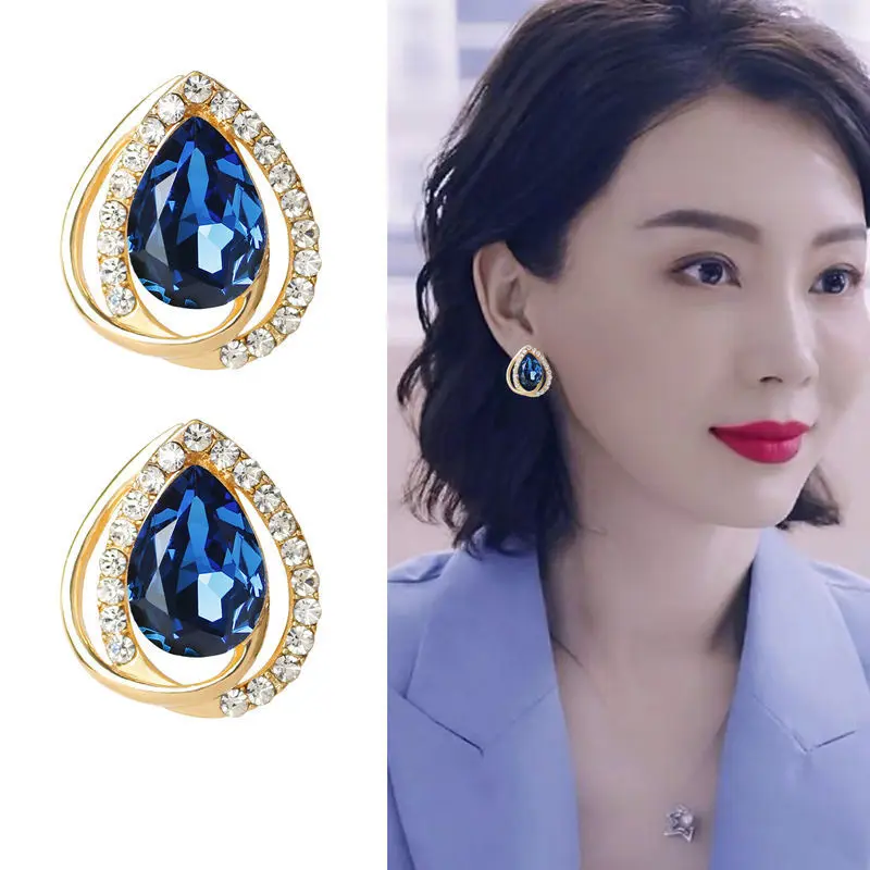 Hanpai Hot Sale Women Fashion Jewelry Rhinestone Water Drop Earrings Stud Earrings Gemstones Crystal Earrings