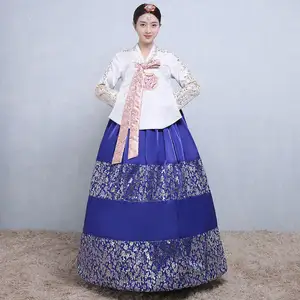 Gaun dansa tradisional Korea multiwarna untuk wanita, kostum Istana Nasional Hanbok berpayet pakaian pesta Tahun Baru