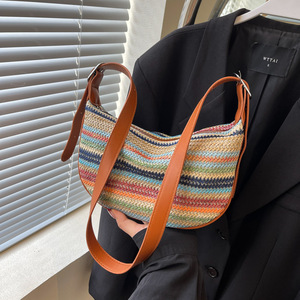 Oem Odm Custom Rainbow Stripe <b>Straw</b> Crossbody Woven <b>Straw</b> Crescent Hobo Beach <b>Straw</b> Shoulder <b>Bag</b> Women Sling Purse Handbag - Product Image 4