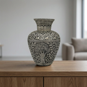 Vase décoratif rond en métal artisanal à motif floral pour salon - Product Image 3