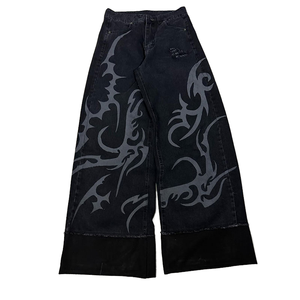 Jean large pour homme en denim tricoté 100% coton, délavé, déchiré, à ourlet brut, respirant, imprimé, coupe ample, style streetwear, automne printemps, OEM - Product Image 1