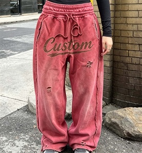 OEM Streetwear Vintage Custom Screen Printing Sweat Pants Distressed Acid Wash Flared Baggy Double Waisted Sweatpants Men - Product Image 3