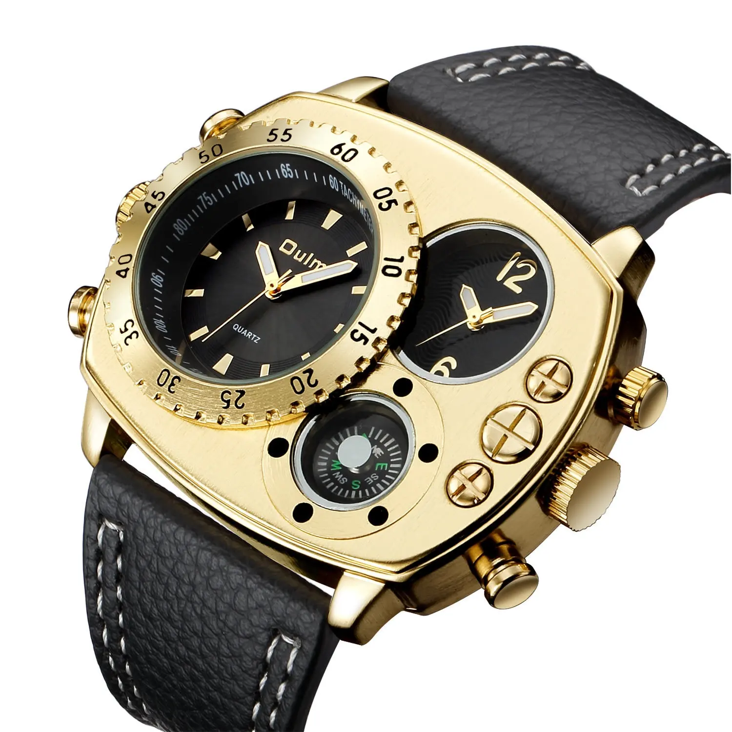 Unique Shape Design Series Oulm HP9865 Men Wrist Watch Double Time Zones Soft PU Strap Quartz Movement Compass Watches