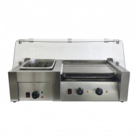 Gril à hot-dogs et cuiseur Oden 2-en-1 commercial 220V, machine à saucisses à 7 rouleaux avec pot à 9 grilles pour snack-bar