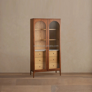 <span class=keywords><strong>Armoire</strong></span> en verre de luxe contemporaine à 2 portes en bois de chêne massif finition noyer design antique moderne pour la maison salon hôtel/villa - Product Image 2