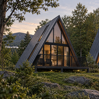 Maisonnette préfabriquée moderne en forme de A pour le glamping, avec balcon métallique, pour projet touristique en camping