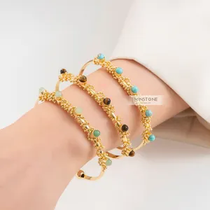 18K Echt Verguld Natuursteen Turquoise Tijgeroog Groen Aventurine Steen Armband Manchet Armbanden Voor Vrouw Tiener Meisjes