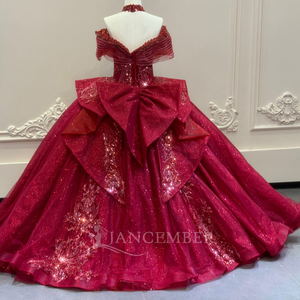 XS306 <b>Glitter</b> <b>Red</b> Off Shoulder Sequined Beaded Party Women's Quinceanera Evening Gowns Dresses - Product Image 4
