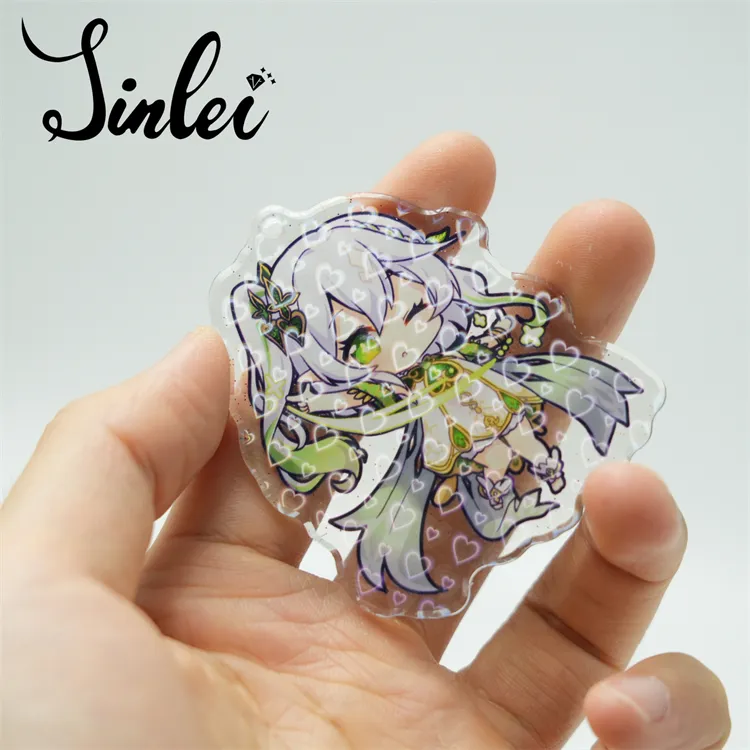 Nieuwe Goud/Zilveren Spiegel charm sleutelhanger anime acryl bedels met glitter epoxy of hologram