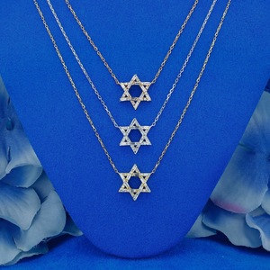 Solid Gold Diamond Star of David Necklace: Baguette & Round, Adjustable Chain - Product Image 1