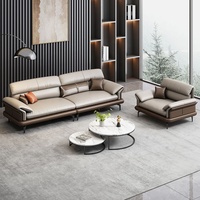 Ensemble de canapé en cuir marron crème bicolore, 2 pièces avec fauteuil, pieds en métal à profil bas, coussins rembourrés, meubles de salon