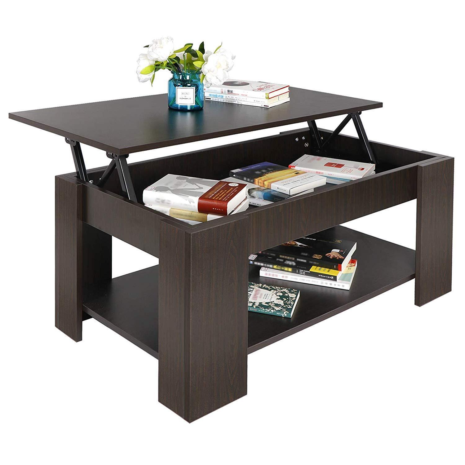 Bois Relevable Table Basse Avec Rangement Caché et Étagère