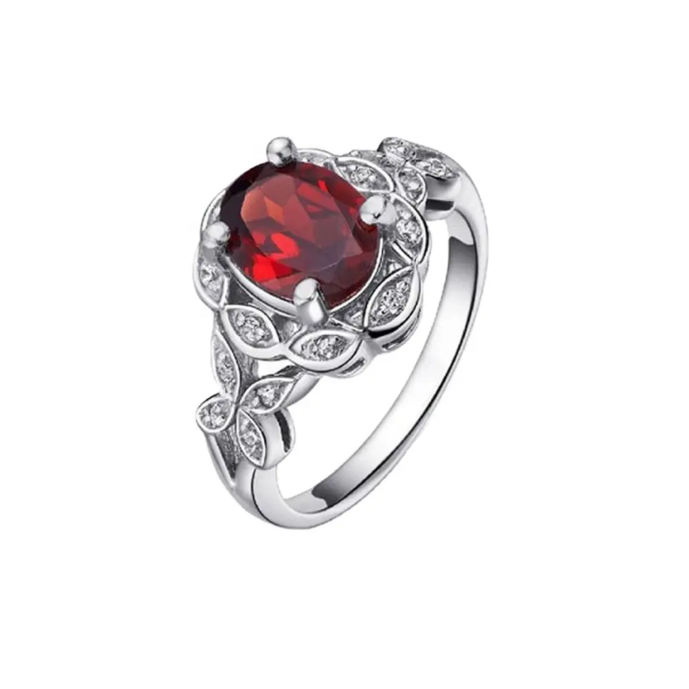 Perhiasan cincin pertunangan wanita, cincin pernikahan luar biasa Perak 925 pengaturan cabang batu permata delima