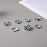 KR-218 Grosir Perhiasan Jari Vintage Etnik Geometris 7pcs Set Cincin Wanita Bentuk Bulat Hati Mata Mawar Bunga Turquoise Bahan Paduan Logam