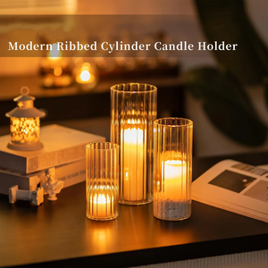 結婚式のテーブルのセンターピースの装飾のための透明なリブ付きガラス花瓶シリンダーキャンドルホルダー - Product Image 4