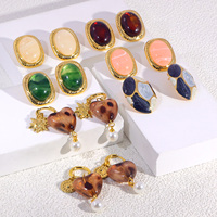 Pendientes POWELL de Acero Inoxidable Chapados en Oro de 18k, Resistentes al Agua, Antideslustre, con Resina, Corazón de Mármol y Perla, Joyería al por Mayor