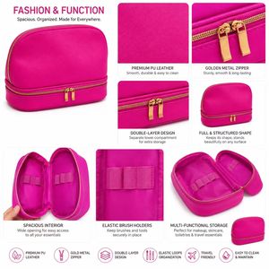 OEM Cosmetic Bag Premium Cross Grain PU Leather <b>Makeup</b> <b>Case</b> with Separate Bottom Storage Compartment - Product Image 3