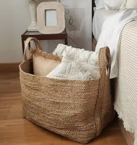 Grande Handmade Woven Storage Basket Juta Cesta de corda decorativa alta para sala de estar, brinquedos, armazenamento, toalha