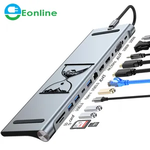 EONLINE adaptor HUB 3D 11in 1 USB C, HUB Tipe C ke HDTV yang kompatibel dengan USB 3.0 untuk MacBook Pro Air Notebook USB C Splitter