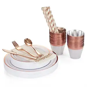Hot Sale Custom Reusable Tableware Bamboo Fiber Dinnerware Set With Knife Spoon And Cup For 50 Guest