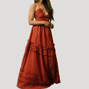 Robes de <span class=keywords><strong>demoiselle</strong></span> <span class=keywords><strong>d</strong></span>'<span class=keywords><strong>honneur</strong></span> longues bohèmes en lin et coton, taille unique, à col halter, à encolure en V, à nouer dans le dos, à volants, couleur orange brûlé, 2026 - Product Image 2