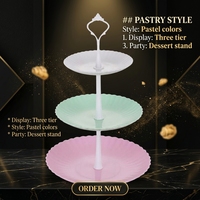 Présentoir à 3 niveaux festonné en plastique pour service, assiettes, fruits, gâteaux, desserts, cupcakes, avec poignée dorée, pour fêtes et mariages