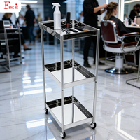 Chariot de coiffure à 3 niveaux en argent en gros, en acier inoxydable, pour le rangement des outils de salon, plateau roulant pour salon de beauté