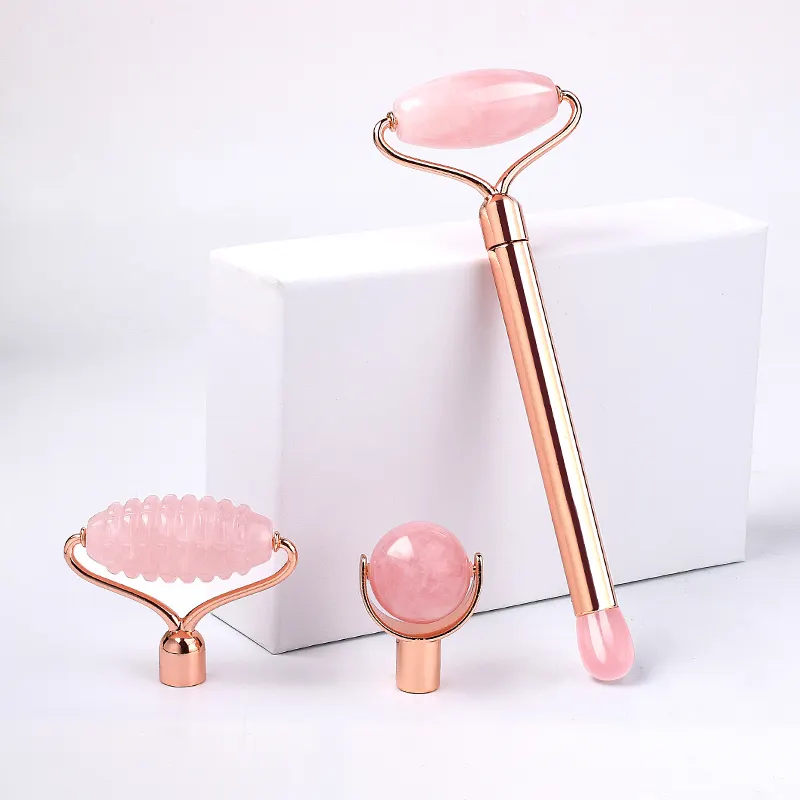 Multifunctional 1 Set Of 3 Different Massage Heads Pink Jade Roller Facial Slimming Metal Handle Rose Quartz Jade Roller Product