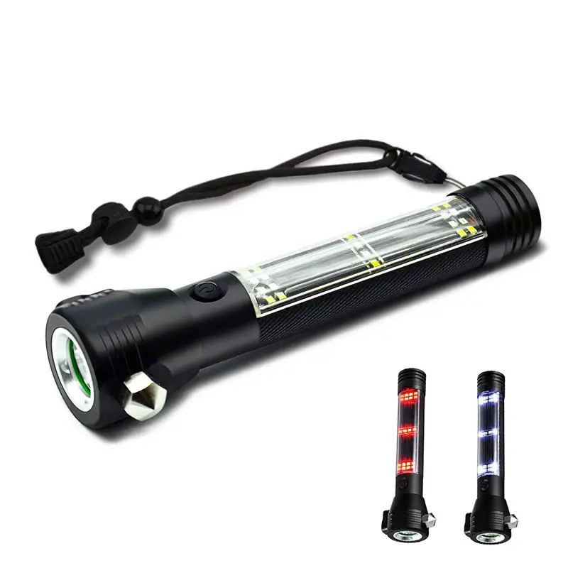 자동차 비상 도구 태양 USB 충전 알루미늄 led 손전등 토치 안전 망치 벨트 나이프 커터