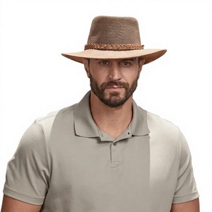 Leather Cowboy <b>Hat</b> Wide Brim Mesh Crown Braided <b>Band</b> Hand Embroidery Unisex Adjustable Outdoor Winter Casual Adult 58-60CM - Product Image 3