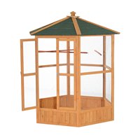 Grande cage à oiseaux hexagonale en bois gris clair avec toit couvert, volière extérieure