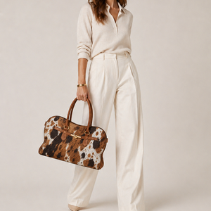 Bolso Boston de Piel Genuina con Pelo de Becerro, Estampado de Vaca, Asa Superior, Bolso de Hombro Estilo Western con Cierre Giratorio, Bolso Casual para Mujer - Product Image 1