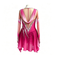 Costume de patinage artistique pour enfants et adultes, robe en maille fuchsia sans dos à manches longues avec strass étincelants pour spectacle sur glace