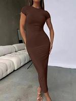 Robe longue décontractée unie à col rond et manches courtes, taille haute et coupe ajustée, nouvelle collection été 2026 pour femme