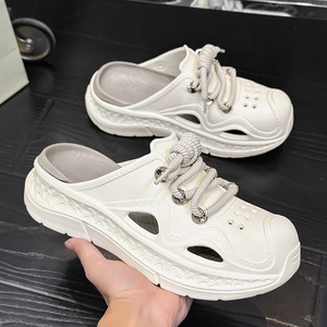 Huari Thick-Soled Sandals Men <b>Closed</b>-<b>Toe</b> Lace-Up Hollow EVA Outsole Breathable Beach Shoes 3cm <b>Heel</b> Platform Style - Product Image 1